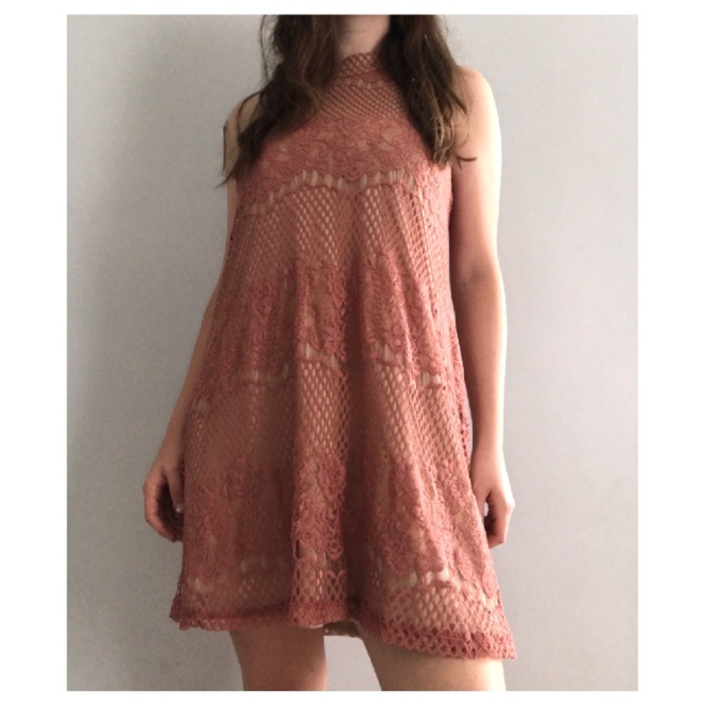 DUSTY ROSE High Neck, Keyhole Back Lace Dress